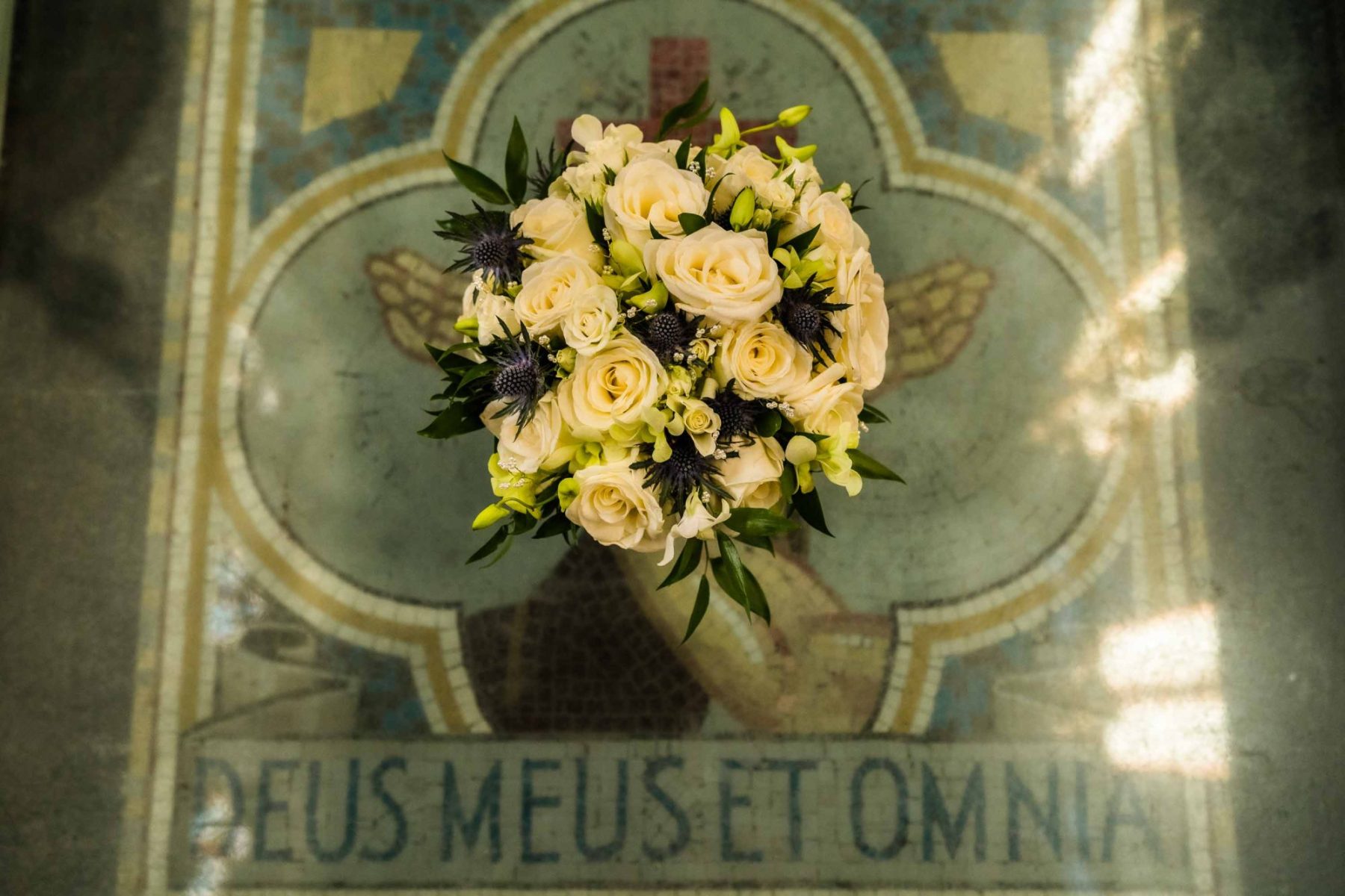 Bridal bouquet on the floor of Gorton Monastery