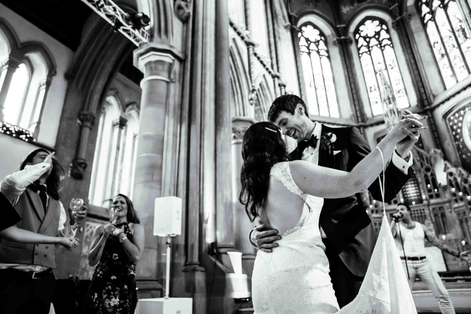 Bride and groom dancing at Gorton Monastery